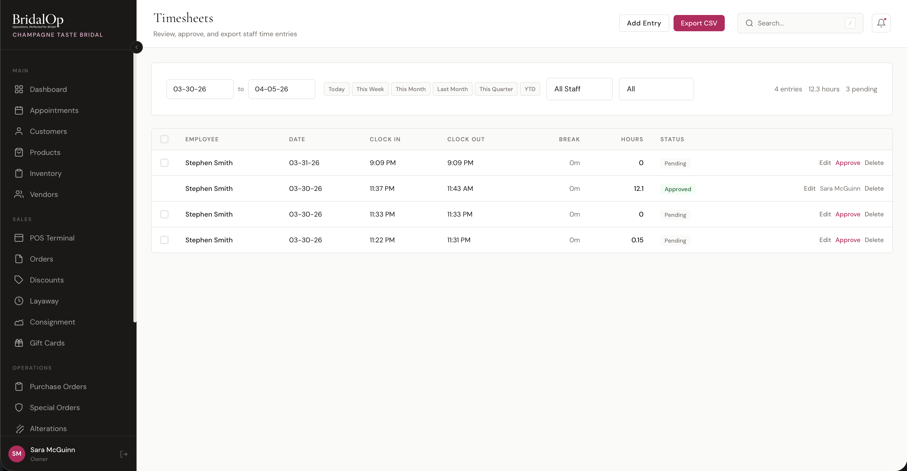 Timesheets page