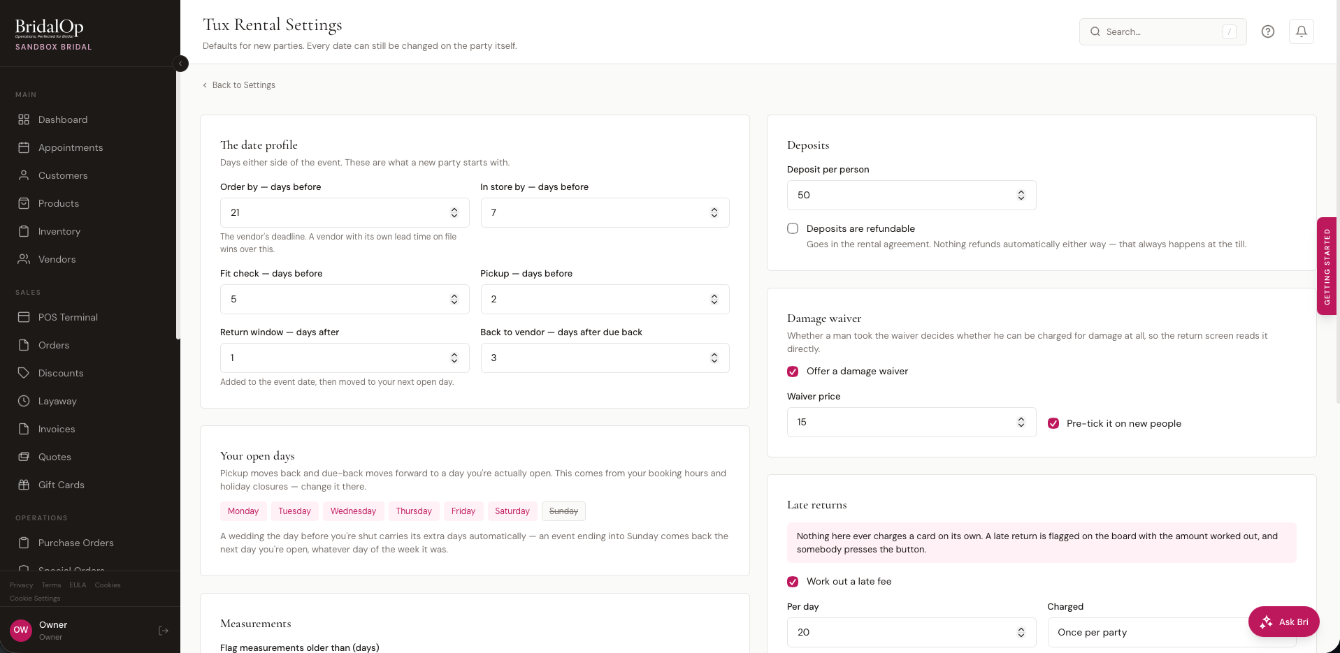 Tux Rental Settings