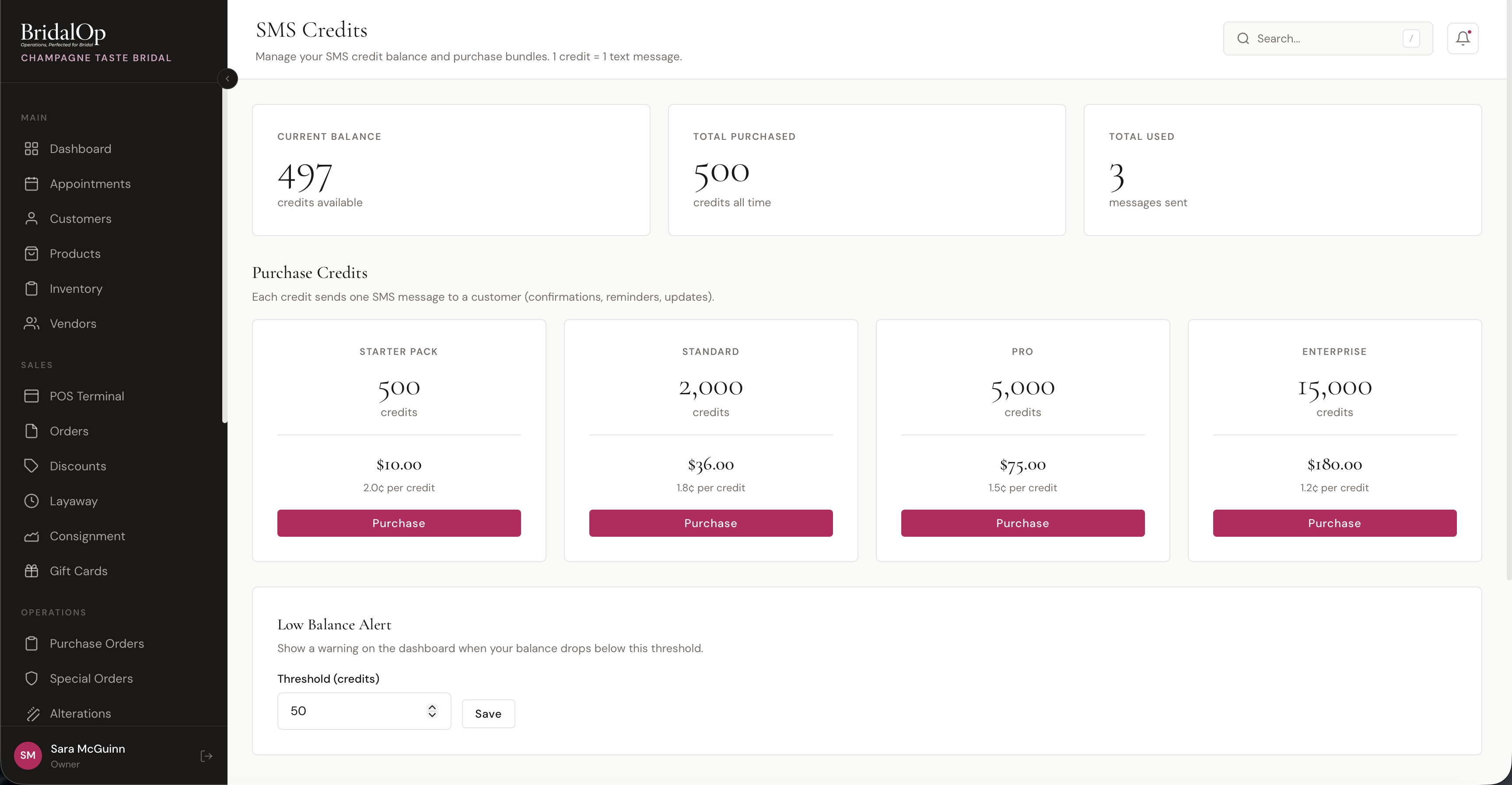 SMS Credits page