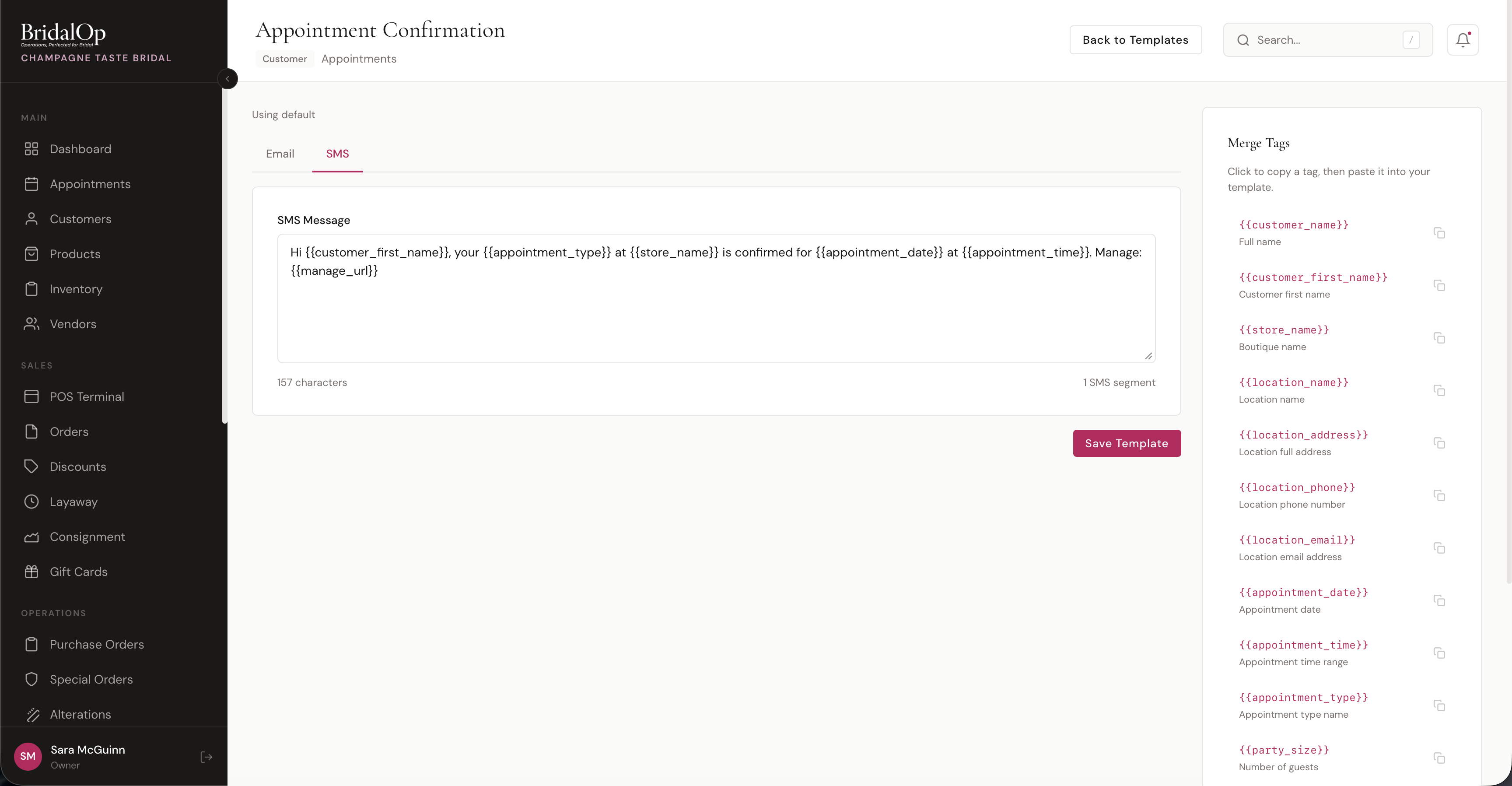 SMS template editor